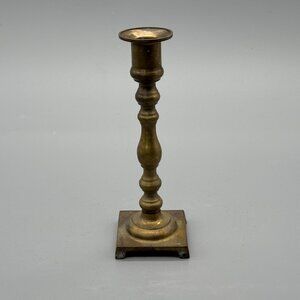 Vintage Brass Taper Candle Holder With Tall Turned Column And Square Footed Base